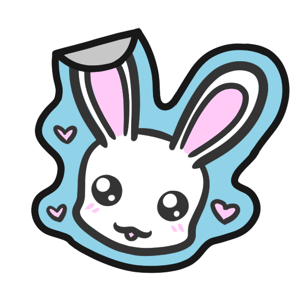 Icon of a cartoon bunny face with hearts on a cut out sticker with a folded corner indicating die-cut stickers and sticker sheets.